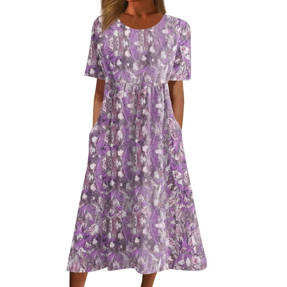 Ecqkame Women's 2025 Summer Dresses Floral Casual Loose Beach Dress Short Sleeve Crew Neck Flowy Long Dress with Pockets 02-Pink S