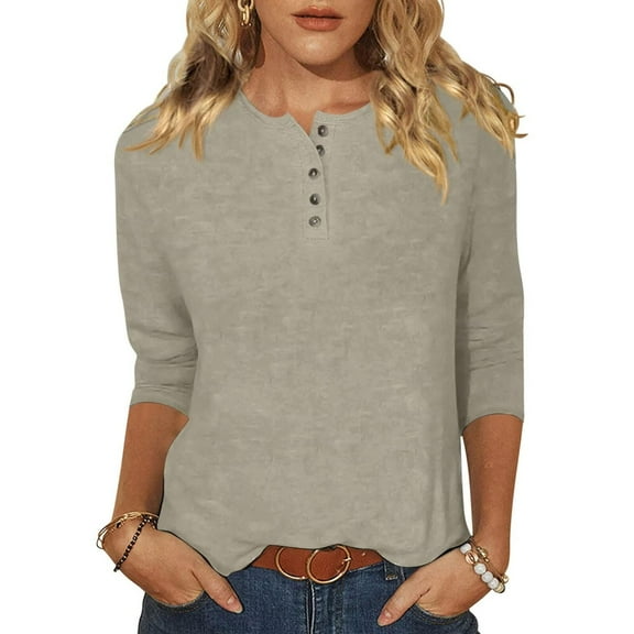 Ecqkame Women's 3/4 Sleeve Crew Neck Button T Shirts Solid Color Lightweight Pullover Summer Tops Going Out Tops for Women B-Khaki M