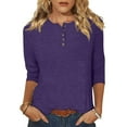 thumbnail image 1 of Ecqkame Women's 3/4 Sleeve Crew Neck Button T Shirts Solid Color Lightweight Pullover Summer Tops Going Out Tops for Women C-Purple XXL, 1 of 5