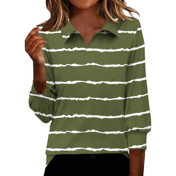 Ecqkame Women's 3/4 Sleeve Tops Turndown Collar Fashion Print T Shirts Casual Loose Comfortable Work Blouses Army Green S