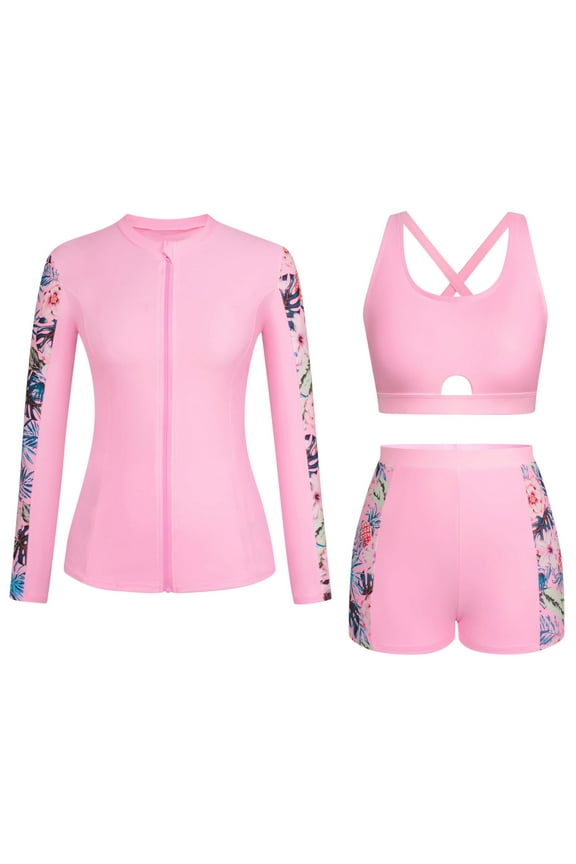 Women's 3 Piece Swimsuits Rash Guard Long Sleeve Full Zipper Bathing Suits Built In Bra Swim Shirts with Boyshorts Dry Surfing Diving Sets Pink M