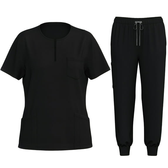 Ecqkame Women's Solid Color V-Neck Short Sleeve Pocket Top with Elastic Drawstring Waist Long Pants Nurse Clothes Set Suit 02-Black-C L