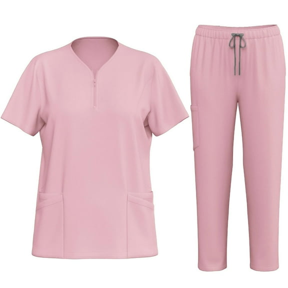 Ecqkame Women's Active Scrub Solid Color V-Neck Short Sleeve Pocket Top with Elastic Waist Long Pants Nurse Clothes Set Suit 05-Pink L on Clearance