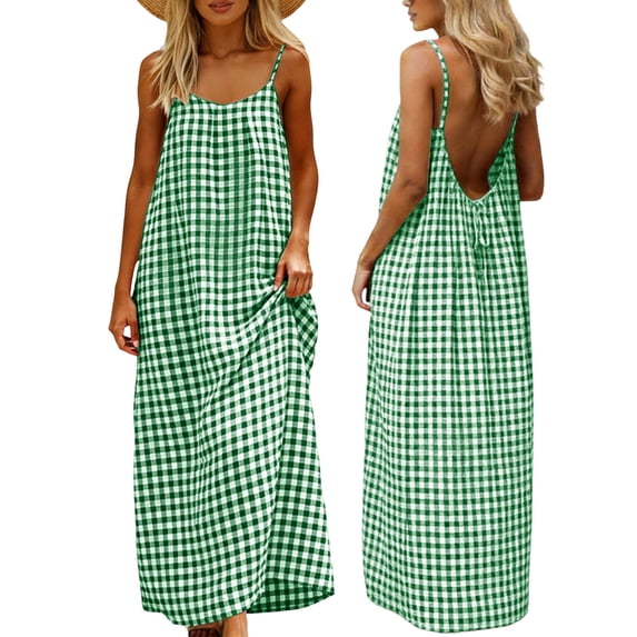 Ecqkame Women's Backless Slip Dress Spaghetti Strap Plaid Printed Maxi Dress Summer Sleeveless Crew Neck Beach Dresses Green XXL