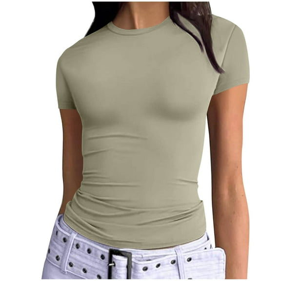 Ecqkame Women's Basic Going Out Tops Casual Slim Short Sleeve Crew Neck T Shirts Solid Color Stretchy Tight Tops Army Green M