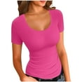 thumbnail image 1 of Ecqkame Women's Basic Going Out Tops Casual Slim Short Sleeve V Neck T Shirts Solid Color Stretchy Tight Tops Hot Pink XL, 1 of 5