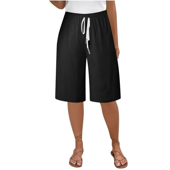 Ecqkame Women's Bermuda Knee Length Shorts Cotton Linen Casual Cargo Shorts Solid Color Elastic Waist Workout Shorts 01-Black 01-01-Black
