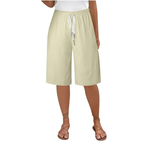 Ecqkame Women's Bermuda Knee Length Shorts Cotton Linen Casual Cargo Shorts Solid Color Elastic Waist Workout Shorts 01-Khaki 01-01-Khaki