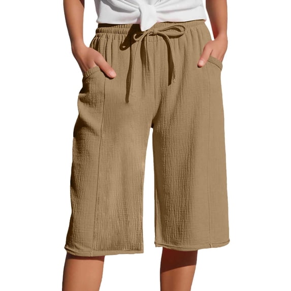 Ecqkame Women's Bermuda Shorts Elastic High Waisted Straight Leg Lounge Five Quarter Pants with Pockets Drawstring Knee Length Breathable Short Khaki-A