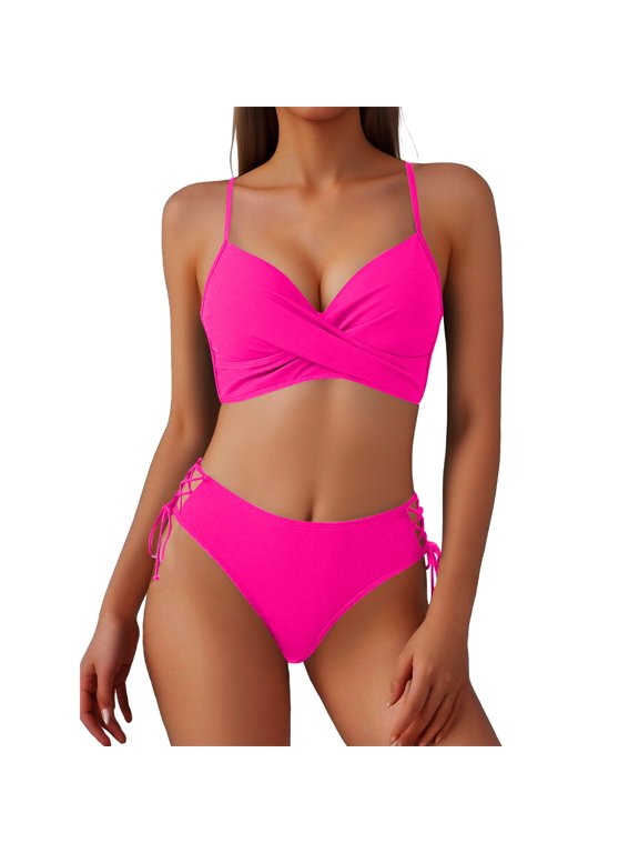 Women's Bikini Sets Tummy Control High Waisted V Neck Swimsuits Solid Side Drawstring Gathering Two Piece Bathing Suit Hot Pink L