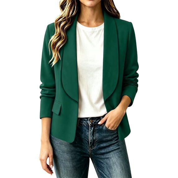 Ecqkame Women's Blazer Jacket Notched Lapel Open Front Long Sleeve Pocketed Fitted Casual Dressy Work Fall Winter Outerwear Green S