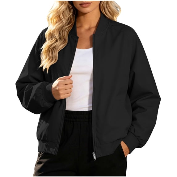 Ecqkame Women's Bomber Jackets Stand Collar Full Zip Long Sleeve Cropped Jacket Solid Color Loose Casual Trendy Outerwear Black XXXXL