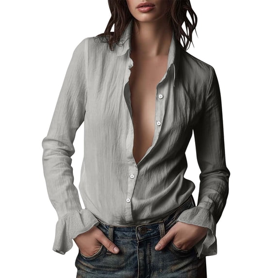 Ecqkame Women's Button-Up Shirts Summer Cotton Linen Solid Color Lapel Long Sleeved Tops Lightweight Ruffle Cuff Blouses Gray M