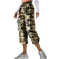 Ecqkame Women's Camouflage Cargo Capris Pants Casual Lightweight Drawstring Waist Dry Outdoor Pants Loose Comfy Athletic Travel Pants with Pockets Khaki XXXL