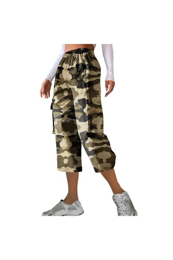 Women's Camouflage Cargo Capris Pants Casual Lightweight Drawstring Waist Dry Outdoor Pants Loose Comfy Athletic Travel Pants with Pockets Khaki XXXL