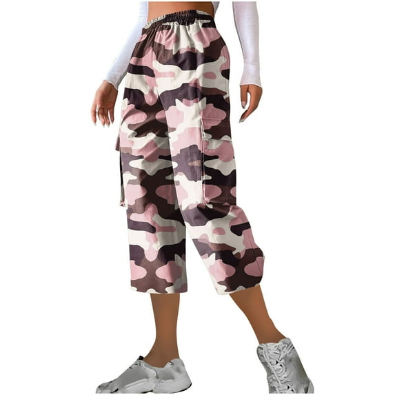 Ecqkame Women's Camouflage Cargo Capris Pants Casual Lightweight Drawstring Waist Dry Outdoor Pants Loose Comfy Athletic Travel Pants with Pockets Pink S