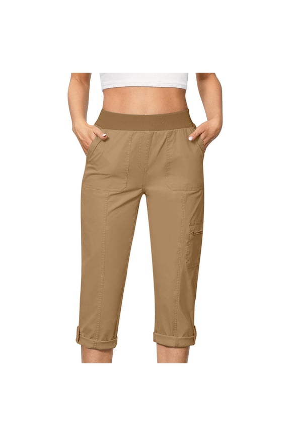 Women's Capri Pants Summer Straight Solid Color Fold Hem Work Trousers with Pockets Casual High Waist Beach Pants Khaki