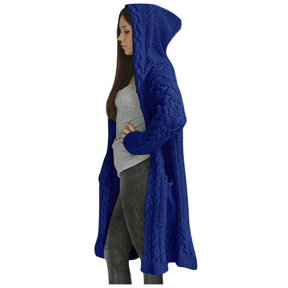Ecqkame Women's Cardigan Cable Knit Sweaters With Hoodie Fashion Open Front Casual Long Sleeve Solid Warm Jacket With Pocket Dark Blue XXL
