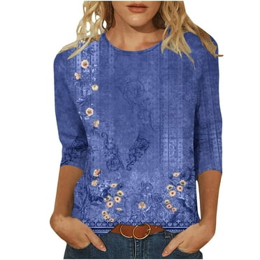 Ecqkame Women's Casual 3/4 Sleeve T-Shirts Round Neck Cute Floral Print Tunic Tops Basic Tees Blouses Loose Pullover A-Blue L on Clearance