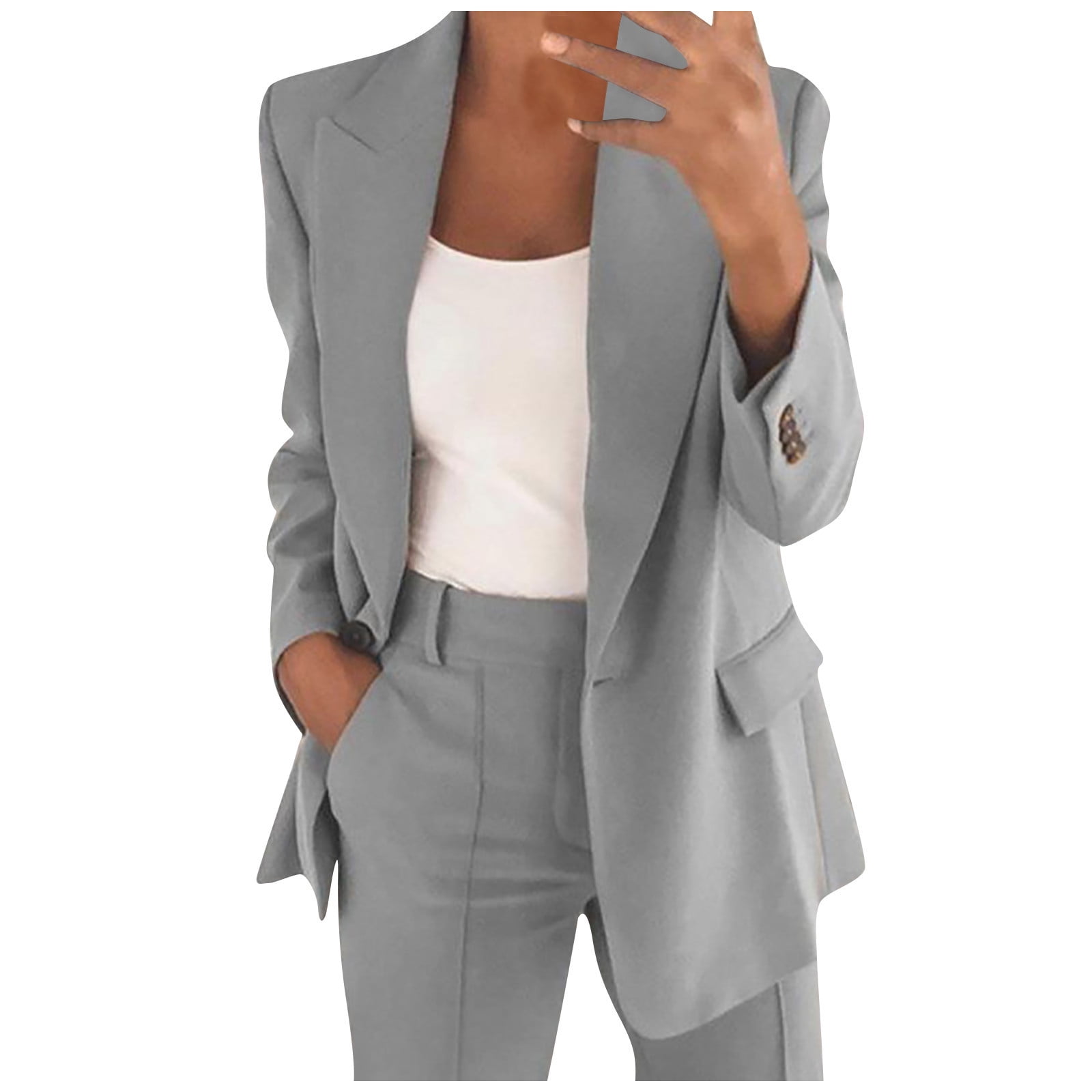 Ins Button Casual Suit Fashion Long-Sleeved Lapel Blazer Jacket and Slim-Fit Pocket Trousers for Women Clothing Gray / 5XL