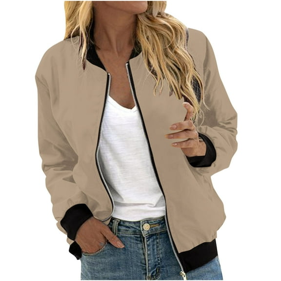 Ecqkame Women's Casual Bomber Jacket Zip Up Lightweight Windbreaker Coat Fashion Long Sleeve Jacket with Pocket Khaki M