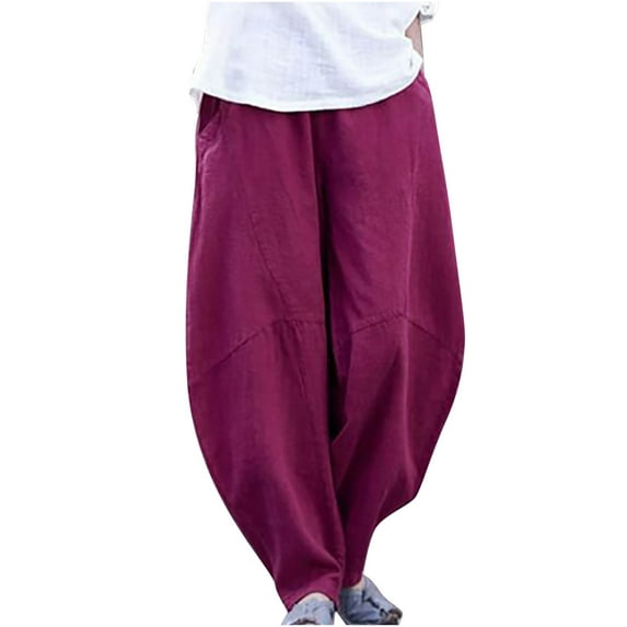 Ecqkame Women's Casual Cotton Linen Baggy Pants Women's Casual Loose Baggy Pocket Pants Fashion Playsuit Trousers Overalls Cotton And Linen Pants Wine XXL