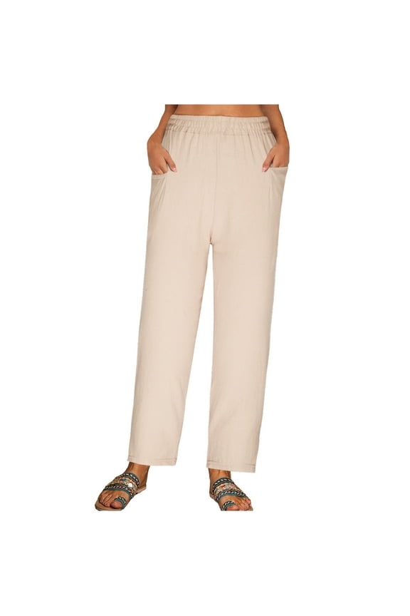 Women's Casual Cotton Linen Baggy Pants Women's Fashion Casual Spring And Summer Solid Color Loose Full Length Pants Beige L