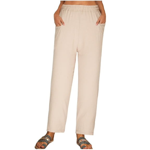 Ecqkame Women's Casual Cotton Linen Baggy Pants Women's Fashion Casual Spring And Summer Solid Color Loose Full Length Pants Beige M