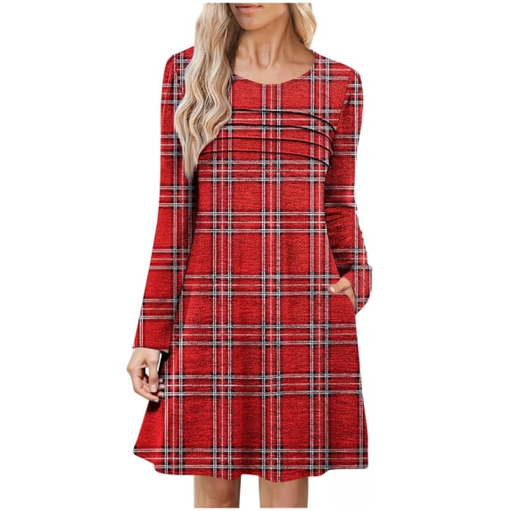 Ecqkame Women's Casual Dresses Front Pleated Long Sleeve Round Neck Dresses Plaid Color Block Casual Loose Tunic Dress with Pockets Wine XL