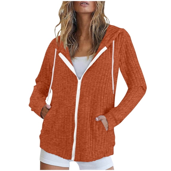 Ecqkame Women's Casual Hoodie Coat Zip Up Long Sleeve Jacket Fashion Loose Comfortable Outdoor Hoodie with Pockets Orange S