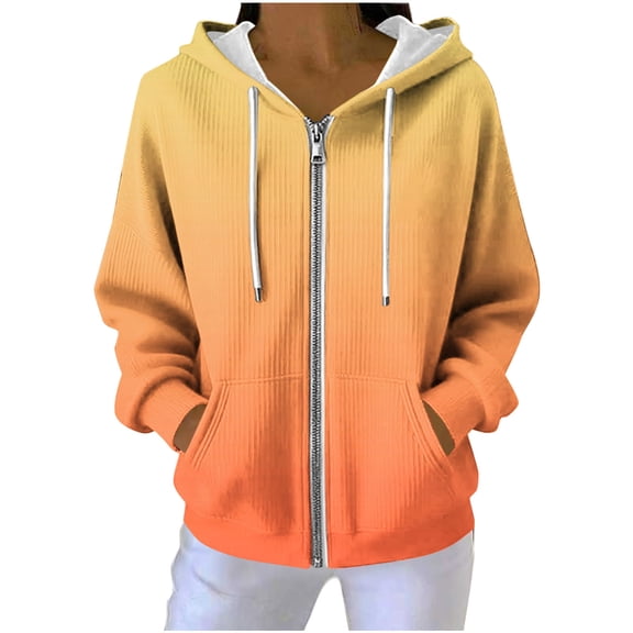 Ecqkame Women's Casual Hoodies Pit Striped Textured Long Sleeve Hoodie Full Zip Loose Pocket Hooded Sweatshirts Multicolor L