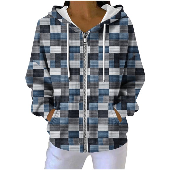 Ecqkame Women's Casual Hoodies Pit Striped Textured Long Sleeve Hoodie Full Zip Loose Pocket Hooded Sweatshirts Navy XXL