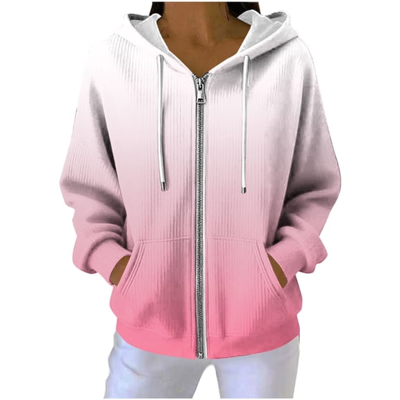 Ecqkame Women's Casual Hoodies Pit Striped Textured Long Sleeve Hoodie Full Zip Loose Pocket Hooded Sweatshirts Pink XXL
