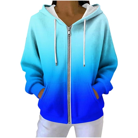 Ecqkame Women's Casual Hoodies Pit Striped Textured Long Sleeve Hoodie Full Zip Loose Pocket Hooded Sweatshirts Sky Blue XL