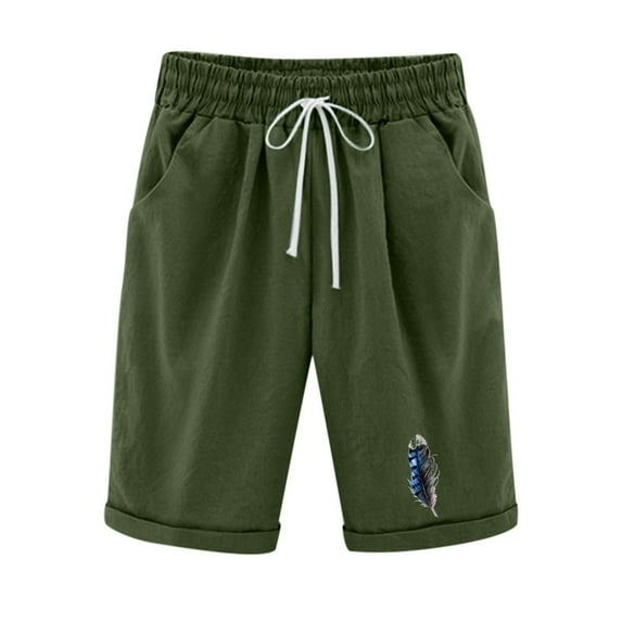 Ecqkame Women's Casual Knee Length Bermuda Shorts Clearance Women's fashionable feather printed capris drawstring shorts Green M