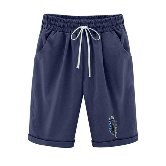Ecqkame Women's Casual Knee Length Bermuda Shorts Clearance Women's fashionable feather printed capris drawstring shorts Navy XL