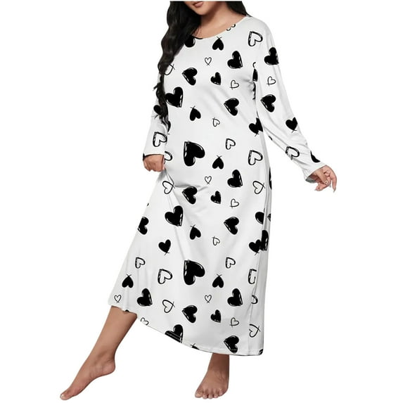 Ecqkame Women's Casual Nightgown Sleepshirts Soft Long Sleeve Crew Neck Nightshirt Loose Comfy Lightweight Floral Print Home Wear Dress Black XXXL
