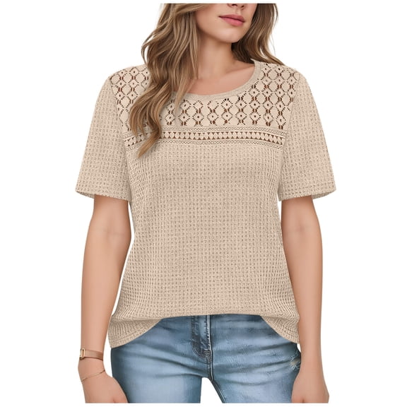Ecqkame Women's Casual Shirts Textured Walf Checks Short Sleeve Lightweight Pullover Tops Fashion Mesh Sheer Hollow Out T-Shirt Beige S