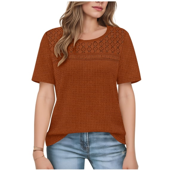 Ecqkame Women's Casual Shirts Textured Walf Checks Short Sleeve Lightweight Pullover Tops Fashion Mesh Sheer Hollow Out T-Shirt Orange L
