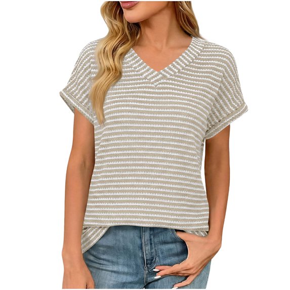 Ecqkame Women's Casual Shirts Textured Walf Checks Short Sleeve Lightweight Pullover Tops Fashion V Neck Basic T-Shirt Yellow L