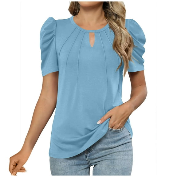 Ecqkame Women's Casual Tops Round Neck Puff Sleeve Short Sleeve Basic Pleated Tshirts Solid Color Hollow Out Loose Blouses Light Blue XL
