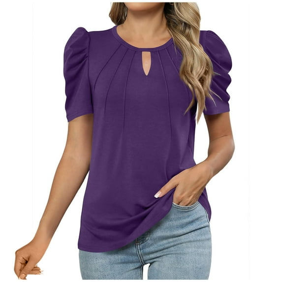 Ecqkame Women's Casual Tops Round Neck Puff Sleeve Short Sleeve Basic Pleated Tshirts Solid Color Hollow Out Loose Blouses Purple S