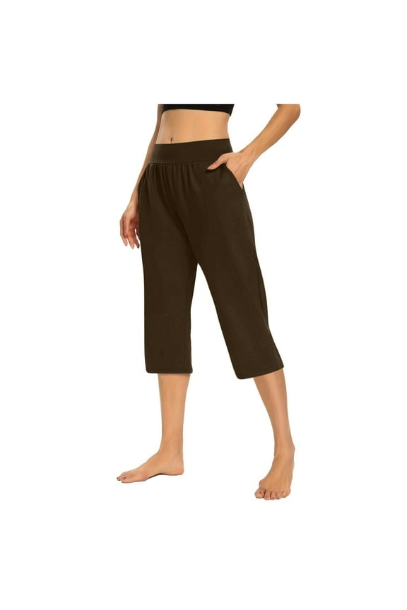 Women's Causal Capri Pants Solid Color Loose Soft Elastic Waist Workout Pants Yoga Sweatpants Lounge Thin Pants with Pockets Brown-A XXXXL