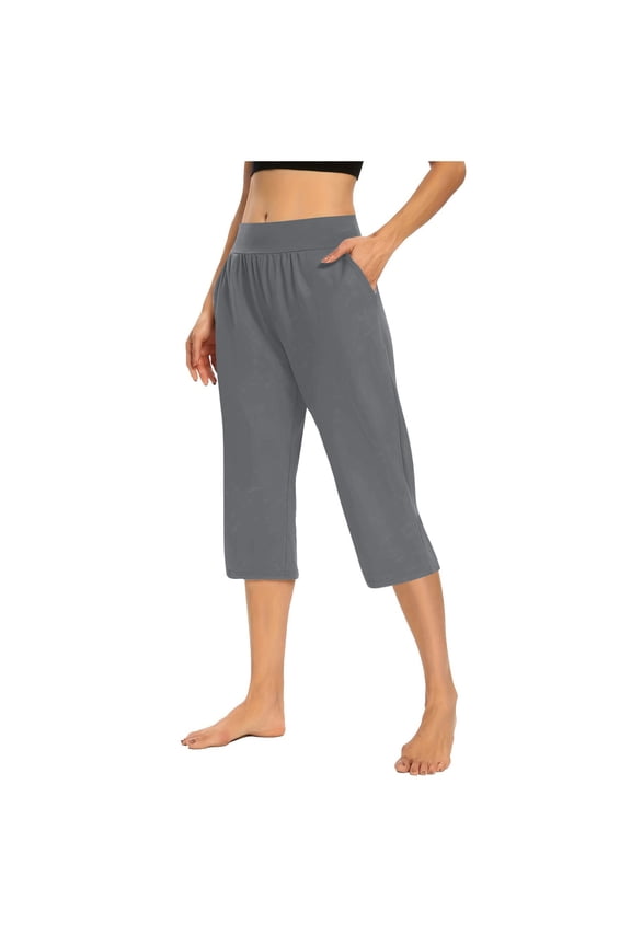 Women's Causal Capri Pants Solid Color Loose Soft Elastic Waist Workout Pants Yoga Sweatpants Lounge Thin Pants with Pockets Dark Gray-A XXXXL