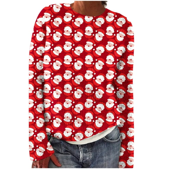 Ecqkame Women's Christmas Print Sweatshirts Crew Neck Long Sleeve Casual Loose Sweatshirt Trendy Daily Versatile Holiday Tops Red XXL