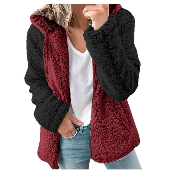 Ecqkame Women's Classic-Fit Full-Zip Soft Sherpa Fleece Jacket Casual Warm Faux Coat Jacket Long Sleeve Winter Outerwear Wine XL