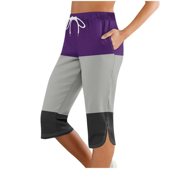 Ecqkame Women's Color Block Capri Pants Side Split Lounge Joggers Sweatpants Fashion Athletic Yoga Pants with Pockets 01-Purple 01-01-Purple