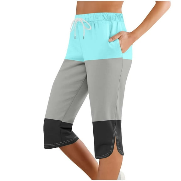 Ecqkame Women's Color Block Capri Pants Side Split Lounge Joggers Sweatpants Fashion Athletic Yoga Pants with Pockets 01-Sky Blue 01-01-Sky Blue