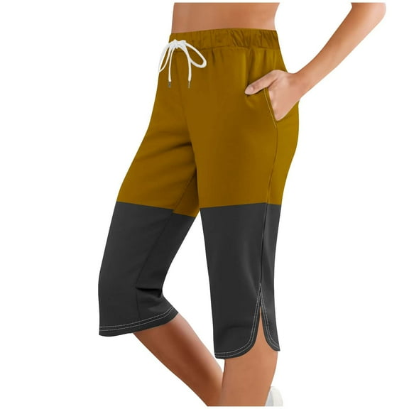Ecqkame Women's Color Block Capri Pants Side Split Lounge Joggers Sweatpants Fashion Athletic Yoga Pants with Pockets 02-Khaki 02-02-Khaki