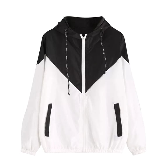 Ecqkame Women's Color Block Hooded Jackets Fall Casual Zip Up Lightweight Jacket Long Sleevedwindbreaker Jacket Black S